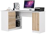 AKORD Eck-Schreibtisch B-20 mit 3 Schubladen, 2 Ablagen und einem Regalfach mit Tür | ecktisch | Eck Schreibtisch für Home Office | Einfache Montage | B155 x H77 x T85, 60 kg Weiß/Sonoma-Eiche