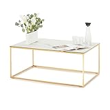 KHG Couchtisch Marmor Optik Weiß Gold 110 x 70 x 45 cm, Wohnzimmertisch eckig Marmortisch rechteckig, 4 Füße Tischplattenstärke 0,5 cm, Belastbar 20 kg, mit Glas beschichtet, Couchtisch