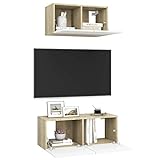 Wohnwand Komplett Set hängend 2 teilig, TV Board Lowboard Fernsehtisch Sideboard Schrankwand modern, 60x30x30cm, Weiß und Sonoma-Eiche