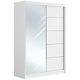 MKS MEBLE Kleiderschrank mit Spiegel 150 cm - Schwebetürenschrank Flurschrank Wardrobe - Schlafzimmerschrank Sammlung Mazedonien - Weiß und Weiß - Modern Design