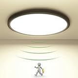 Lampe mit Bewegungsmelder innen 22CM/8.9In. 19W LED Deckenleuchte mit Tageslichtsensor, Bewegungssensor Deckenlampen Flach Rund, LED Deckenlampe Bewegungsmelder für Balkon Keller Flur Garage Schwarz