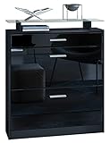 Vladon Schuhschrank Loret, Schuhkipper für 16 Paar Schuhe mit 2 Klappen und 1 Schublade und Glasablage, Schwarz matt/Schwarz Hochglanz (89 x 104 x 23 cm)