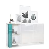 Vladon Sideboard Canto, Lange Anrichte mit 2 Türen und 6 Fächern, Korpus Weiß matt, Fronten Weiß Hochglanz, Dekor-Paneele Petrol Hochglanz (143 x 81 x 36 cm)