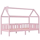 Moimhear Kinderbett Hausbett mit Schornstein 90 x 200 cm, Kiefernholz Haus Bett for Kids (Rosa)