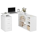 FirFurd Schreibtisch Eckschreibtisch L-förmiger Computertisch mit Schubladen und Regalen für Büro Arbeitszimmer 129 x 104 x 76 cm weiß