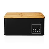 Lumaland Cuisine Brotkasten | Brotdose aus Metall mit Bambus Deckel | Brotbox rechteckig 30,5 x 23,5 x 14 cm | 2in1 Brotbehälter & Schneidebrett [Schwarz]