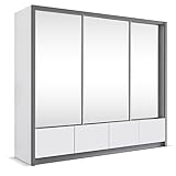 BETTSO -Kleiderschrank mit Spiegel Schwebetürenschrank 3-türig Schrank mit vielen Einlegeböden und Kleiderstange Gaderobe Schiebtüren Schlafzimmer - VOX 250 Weiß+Weiß