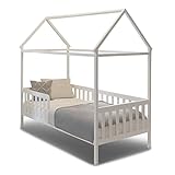 Coemo Hausbett Home 80x160 cm, Kinderbett aus Holz mit Rausfallschutz und Dachgestell Einzelbett für Baby- und Kinderzimmer