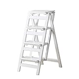 4 Stufen Holzleiter, Stuhl, Tritthocker, multifunktional, faltbar, Regalleiter, Heimbibliotheksleiter, 150 kg Tragkraft, weiß