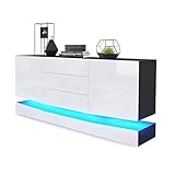 Vladon Sideboard Kommode City, Korpus in Schwarz matt/Fronten in Weiß Hochglanz inkl. LED Beleuchtung