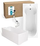 Calmwaters® Badewanne mit Dusche Komplettset 180x80 cm mit Wannenträger & Ablaufgarnitur, Acrylwanne Modern Small 2, Duschzone, Set Badewanne komplett 180 x 80, Duschbadewanne für 2 Weiß, 99000167