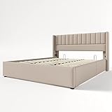 EVURU Leinen Beige Stauraumbett Polsterbett Hydraulisch Doppelbett Lattenrost aus Holz Bett mit Lattenrost aus Metallrahmen Jugendbett mit höhenverstellbares Kopfteil & Bettkasten (180 * 200)