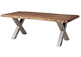 MASSIVMOEBEL24.DE | Freeform 5 - Baumtisch aus Sheeshamholz - grau gebeizt | X-Beine in Silber matt | 260x100x77 | Massivholztisch Baumkantentisch Esstisch