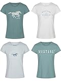MUSTANG Damen T-Shirt 4er Pack Slim Fit Rundhals O-Neck Basic Kurzarm Logo Print Sommer Shirt 100% Baumwolle Weiß Blau Grün Rot S M L XL XXL, Größe:L, Farbe:Farbmix 2