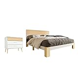 AMDXD Holzbett Einzelbett mit Schubladenkommode, Bett mit Kopfteil Stauraumbett aus Bettgestell mit Lattenrost - 90x200 cm Holzfarbe & Weiß Klassischen Landhausstil