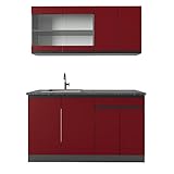 Vicco Küchenzeile Küchenblock Einbauküche R-Line J-Shape 140 cm modern Küchenschränke Küchenmöbel (Anthrazit-Rot)