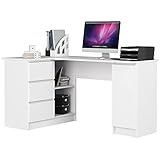 AKORD Eck-Schreibtisch B-20 mit 3 Schubladen, 2 Ablagen und einem Regalfach mit Tür | Schreibtisch | ecktisch | Eck Schreibtisch für Home Office | Einfache Montage | B155 x H77 x T85, 60 kg Weiß