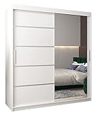 Kryspol Schwebetürenschrank Verona 2-180 cm mit Spiegel Kleiderschrank mit Kleiderstange und Einlegeboden Schlafzimmer- Wohnzimmerschrank Schiebetüren Modern Design (Weiß)