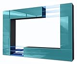 Vladon Wohnwand Mirage, Anbauwand mit Rückwand mit 2 Türen, 2 Klappen und 6 offenen Glasablagen, Schwarz matt/Petrol Hochglanz, inkl. LED-Beleuchtung (262 x 183 x 39 cm)