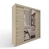 ML Furniture C5 Schiebetüren Kleiderschrank 150 x 200 x 58 cm mit Spiegel - Schlafzimmermöbel, Aufbewahrung - Mehrzweckschrank - Farbe: Sonoma - 2 Schiebetüren