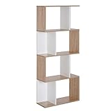 HOMCOM Bücherregal S-förmiges Standregal Lagerregal 4-stufige Vitrine mit Hardware-Schnalle moderner Raumteiler Spanplatte Naturholz+Weiß 60 x 24 x 148 cm