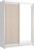 WFL GROUP Kleiderschrank mit Spiegel und Lamellen, Kleiderstange 150 200 250 cm Schrank mit Schiebetüren für Schlafzimmer - 150 cm - Weiß + Holzlamellen Wotan