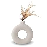 Kingbar Weiß Keramik Donut Vase, Vase Für Pampasgras Blumen, Runde Form Modern Getrocknete Blumenvasen Für Wohnzimmer Büro Dekoration, S