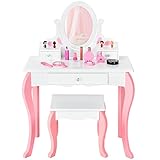 DREAMADE 2 in 1 Kinder Schminktisch mit Hocker und Abnehmbarer Spiegel, Prinzessin Frisiertisch Kosmetiktisch aus Holz, Kinderschminktisch mit 3 Schubladen für Kinder Mädchen ab 3 Jahren (Weiß)