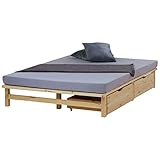 Homestyle4u 2286, Holzbett Palettenbett 140x200 cm 2 Schubladen Bettgestell mit Lattenrost Natur Kiefer Massivholz