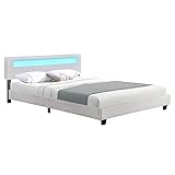 Juskys Polsterbett Paris 160 × 200 cm — Bettgestell mit LED Beleuchtung, Lattenrost & Kopfteil — Kunstleder & Holz — weiß — Bett Gästebett