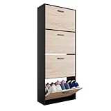 Organize Schuhschrank für 24 Paare - schuhkipper schmal - schuhregal geschlossen für Eingang, Flur - B60xT24xH150 cm - Schwarz/Helles Holz