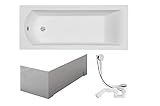 VBChome Badewanne 180x80 cm Acryl SET Schürze Siphon Wanne Rechteck Weiß Design Modern Ablaufgarnitur in Chrom Viega Simplex