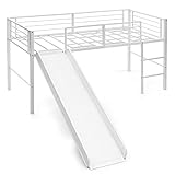 GIANTEX Hochbett Kinder mit Rutsche, Bettgestell Metall 96x198x109cm, Kinderbett mit Rausfallschutz & Leiter, Etagenbett Stockbett mit Lattenrost, Bettrahmen Metallbett bis 150 kg belastbar (Weiß)