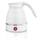 Camping Tragbarer Wasserkocher für Unterwegs,Mini Faltbarer Reisewasserkocher Klein,0.6L Electric Kettle,Edelstahlboden，Silikon Wasserkessel Für Küche、Reise、Camping、Outdoor (Weiß)