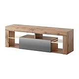 Selsey BIANKO – TV-Lowboard/TV-Schrank in Holz-Optik Lancaster Eiche mit Klappe in Grau Hochglanz mit LED-Beleuchtung Stehend 140cm