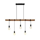 Lindby Esstisch Holz Pendelleuchte, Seillampe, Hängelampe Metall, Holzbalken, Seil, Esszimmer Lampe hängend, Holzlampe 5x E27 max. 60W, ohne Leuchtmittel
