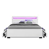 LED Leder Bett Amsterdam WEISS modernes Bett mit LED-Beleuchtung + inklusive Lattenrahmen / Lattenrost + mit praktischer Bettkasten / Schubladen Stauraum Polsterbett Jugendbett günstig (140x200 cm)