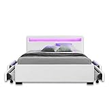 LED Leder Bett Amsterdam WEISS modernes Bett mit LED-Beleuchtung + inklusive Lattenrahmen / Lattenrost + mit praktischer Bettkasten / Schubladen Stauraum Polsterbett Jugendbett günstig (140x200 cm)