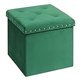 Bonlife Faltbare Aufbewahrungsbox Sitzhocker mit Stauraum, Nieten Sitztruhe Sitzwürfel Fußablage, Gepolsterte Sitzfläche aus Samt, belastbar bis 150 kg, 40 X 40 X 40 cm (Grün)