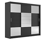 Furniture24 Kleiderschrank Aruba II 250 Schlafzimmer 3 Türiger Schwebetürenschrank Schrank mit Kleiderstange 2 Schubkästen Graphite/Graphite Glas