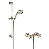 PaulGurkes Duscharmatur Bronze Aufputz Zweigriffmischer Retro Duschset Antik Handbrause Duschstange Brauseschlauch Duschschlauch Nostalgie alt Messing