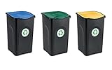 Kreher 3 Stück Abfalleimer 50 Liter mit Deckel in verschiedenen Farben für optimale Mülltrennung (Grün, Gelb und Blau). Abwaschbar und leicht zu reinigen!
