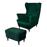 2 Teilig Ohrensessel Überzug Mit Ottomane Schonbezug Stretch Samt, Sessel Überwürfe Ohrensesselbezüge Bezug Sesselhusse Tiger Stuhlbezug (Grün,Wingchair & Ottoman)