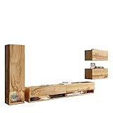 MKS MEBLE Modern Wohnwand mit 5 Türen - Wohnzimmer Möbel Set - Robuste Lowboard, Hochschrank und 2X Hängeschrank - Wohnzimmer Deko Modern TV-Möbel - Amadeo Wotan Hochglanz