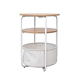 Nordischer minimalistischer Beistelltisch, mobiler Couch-Beistelltisch mit Stoffaufbewahrungsbehälter, Metallrahmen, Holz-Beistelltisch, 3-lagiger Tisch für Wohnzimmer, weiß