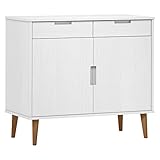 Kommode Sideboard mit 2 Schubladen & 2 Fächer, Beistellschrank Konsolentisch Standschrank Mehrzweckschrank für Wohnzimmer Schlafzimmer Flur, Weiß 90x40x80 cm Massivholz Kiefer