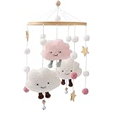 Promise Babe Mobile Baby Windspiele mit Filzbällen Wolken Sterne Mobile Babyzimmer Holz Gehäkelt Mobile Baby Jungen Mädchen Bettglocke Anhänger zum Aufhängen Babybett Kinderbett Wickeltisch Deko Rosa