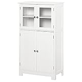 kleankin Badezimmerschrank Badschrank mit Glastüren und 2 Staufächern Aufbewahrungsschrank mit verstellbaren Regalebenen Mehrzweckschrank Kippschutz MDF Hartglas Weiß 60 x 30 x 108,5 cm