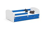 ADGO Smile Set Kinderbett + Matratze 180x90 cm, Bett mit Rahmen, Schublade und Barrieren, fürs Kinderzimmer, Jugendbett mit Rausfallschutz, Lattenrost Kinderbetten (Versand in 2 Paketen) (Blau)