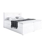 MEBLINI Boxspringbett mit Bettkasten - Bett mit LED Kopfteil - Gepolstert Doppelbett mit Matratze und Topper - Polsterbett mit Stauraum - Stauraumbett - ASPIN - 180x200 - H3/Weiß Kunstleder